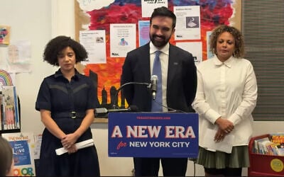 Catherine Almonte Da Costa, left, New York City Mayor-elect Zohran Mamdani, center, and Jahmila Edwards, right, on December 17, 2025. (Screenshot/YouTube)
